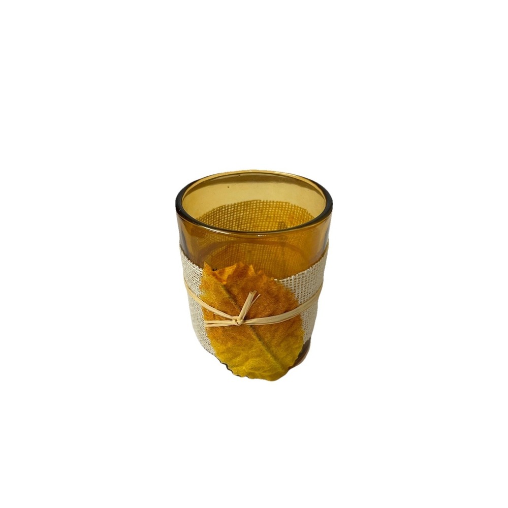 Amber Glass Tea‎ light Holder Metal Oak Leaf Fall